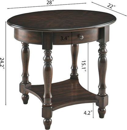 Solid Wood Oval End Table with Drawer and Storage Shelf, Vintage Walnut - Image 2