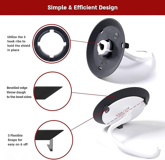 Dough Hook Shield For Kitchen Aid - Prevents Your Dough from Climbing Up and Clogging Up Your Mixer – Mess Free Mixer Accessory Compatible With KitchenAid C Shape Dough Hooks (Dark Grey)