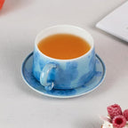 KAMMAK Tea Cups and Saucers set of 2, Porcelain Coffee Cups, 7.5oz Crystalline Glaze Espresso Mugs, Ceramic Demitasse for Coffee, Cappuccino, Latte, Americano, Tea (Dark Blue and White Blue)
