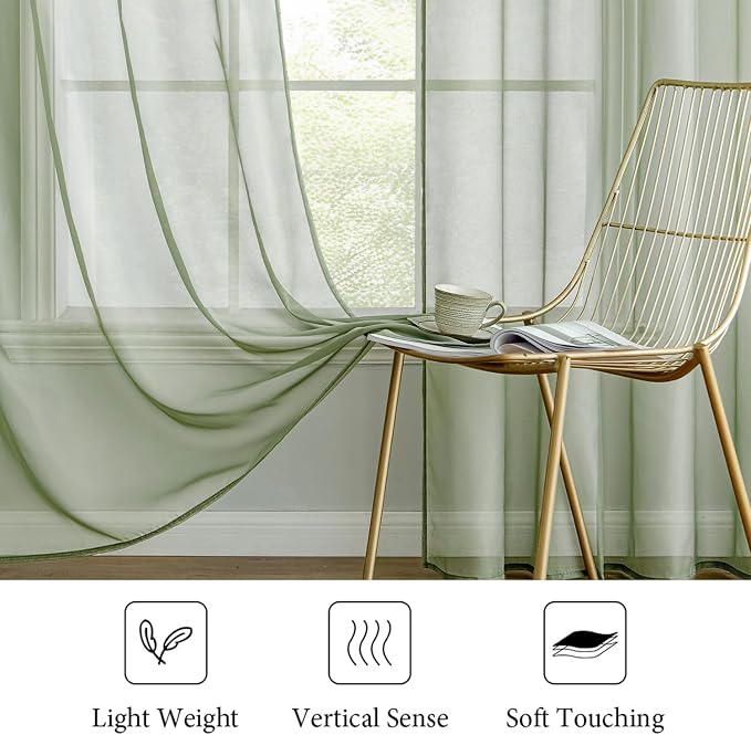 MIULEE Sage Green Sheer Curtains 54 X 54 Inches, 2 Panels | Elegant Window - Image 4