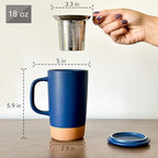 Mora Ceramics Large Tea Mug with Loose Leaf Infuser and Ceramic Lid, 18 oz, Portable, Microwave and Dishwasher Safe, Tall Coffee Cup - Rustic Matte Ceramic Glaze, Modern Herbal Tea Strainer, Deep Blue