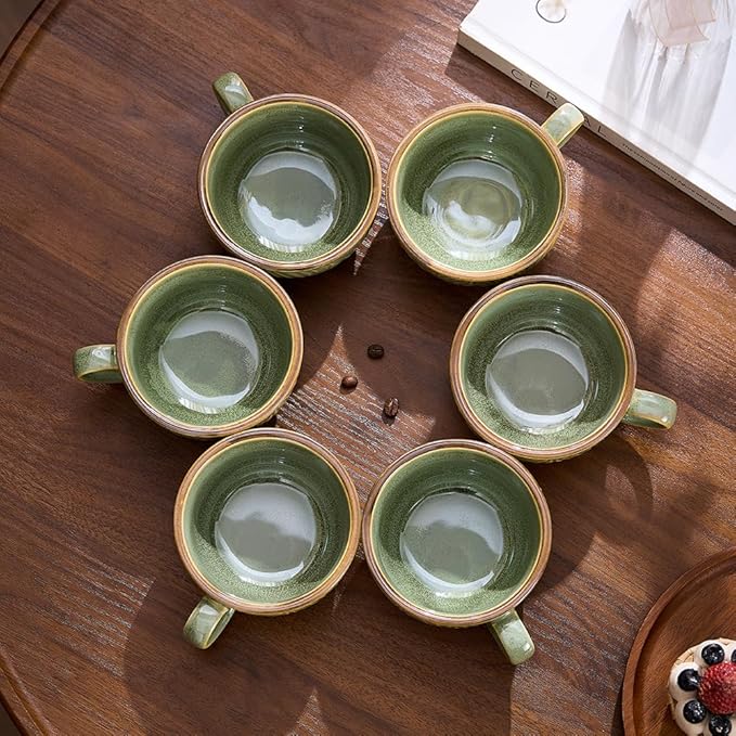 Set of 6 Vintage Design 12 oz Professional Barista Ceramic Latte Art Cappuccino Cups Set (Wave Green)