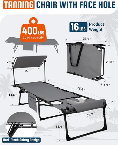 KingCamp Lounge Chair with face Hole & Canopy Shade, 400LBS Folding Portable - Image 2