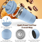 Vacuum-Insulated Stainless Steel Travel Coffee Mug, Leak-Proof Reusable Coffee Cup with Lid - Keep Hot & Cold Drinks for Hours, Durable Thermos Tumbler for Men & Women (3rd-Light Blue, 12OZ)