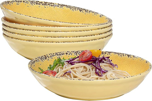 Farmhouse Melamine Pasta Bowls Set, 42 OZ Large Salad Bowls Set, 9.25 inch 6 Piece large Soup Bowls,Wide and Shadow Rustic Round Serving bowl, Set of 6 Dinner Bowl,Yellow…