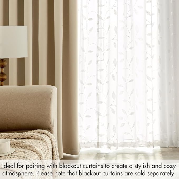 MIULEE White Sheer Curtains 2 Panels Embroidered Leaf Patterned, W52 x L63 | - Image 7