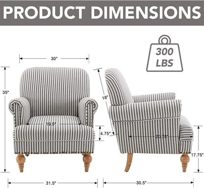 Black Striped Linen Fabric Accent Chairs Set of 2, Modern Farmhouse Upholstered - Image 3