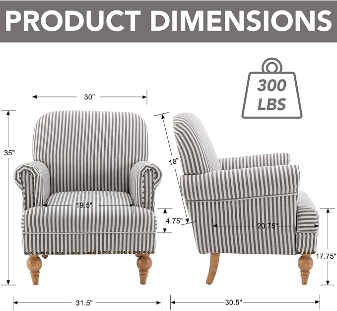 Black Striped Linen Fabric Accent Chair, Modern Farmhouse Upholstered Armchair - Image 2