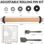 Bakeesy's 14' Wooden Rolling Pin Set with 5 Adjustable Thickness Rings - Roller Pin for Rolling Pizza, Cookie Dough, Pastry, Ravioli, Clay Slab - Full Set with Accessories - Perfect Baking experience