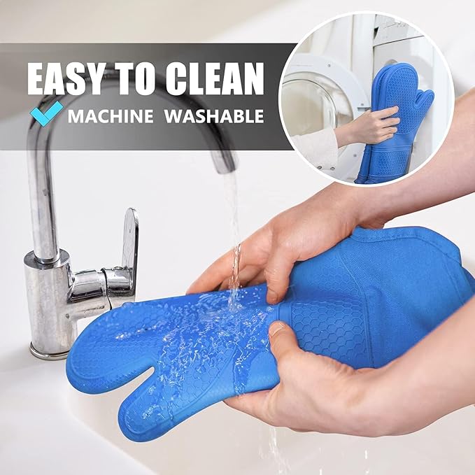 Rorecay Extra Long Oven Mitts and Pot Holders Sets: Heat Resistant Silicone Oven Mittens with Mini Oven Gloves Hot Pads Potholders for Kitchen Baking Cooking, Quilted Liner, Pack of 6 (Lake Blue)