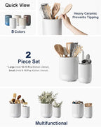 LE TAUCI Utensil Holder, 7.3"+5.4" Ceramic Kitchen Utensil Holder for Countertop, Large Cooking Utensil Crocks for Kitchen Counter Decor, Morden Utensil Organizer for Spatula, Set of 2, White