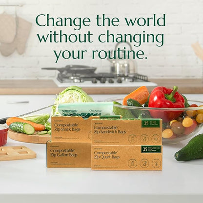 CLEANOMIC Compostable* Food Storage Bag Bundle - Gallon, Quart, Sandwich and Snack Sizes