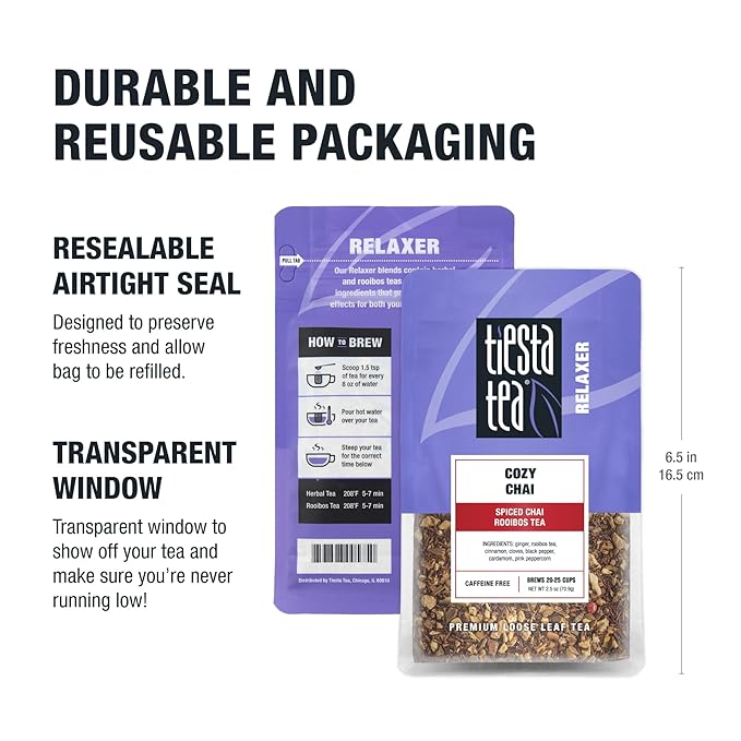 Tiesta Tea - Cozy Chai, Loose Leaf, Spiced Chai Rooibos Tea, Premium Caffeine-Free Herbal Blend, Makes Hot or Iced & Up to 25 Cups, 2.5oz Resealable Pouch