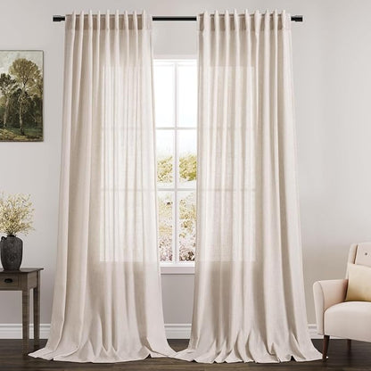 102 Inch Linen Curtains for Living Room Beige Privacy Semi Sheer Curtains Back by Nanspring