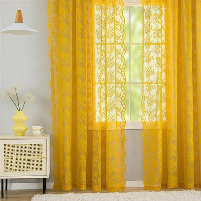 YJ YANJUN Vintage Lace Curtains 96 Inches Long-Victorian Floral Mustard Yellow - Image 5