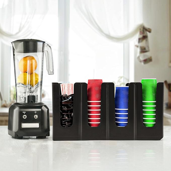 Coffee Cup and Lid Holder Organizer,Adjustable Dispenser with Coffee Pod and Straw Storage Basket, Disposable Cup Holder for Countertop