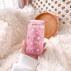 SANDJEST Bow Glass Can, Bows Cup with Lid & Straw, Iced Coffee Aesthetic Cups, Idea Gift for Christmas Birthday Mother Day, Gifts for Women, 16oz