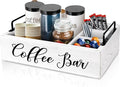 Coffee Station Organizer Wooden Coffee Bar Holder Accessories for Countertop, Farmhouse Kcup Pod Storage Basket with Handle - White
