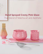 ZENS Pink Matcha Set, Matcha Whisk Set Includes 15oz Ceramic Bowl and Matcha Cup for Bamboo Whisk, (Chasen Holder), Scoop, Sifter and Tea Towel, 7pcs Matcha Kit for Matcha Lovers