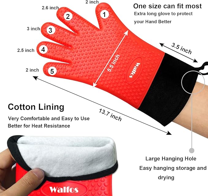 Walfos Silicone BBQ Gloves - Heat Resistant Grilling Gloves, Premium Non-Slip Kitchen Silicone Oven Mitt with Protective Cotton Layer Inside, Waterproof, Great for Grilling, Kitchen and Cooking, Red