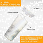 Colorful High Borosilicate Glass Cups With Lids and Glass Straws，20 OZ Rainbow Iced Coffee Water Tumbler Smoothie