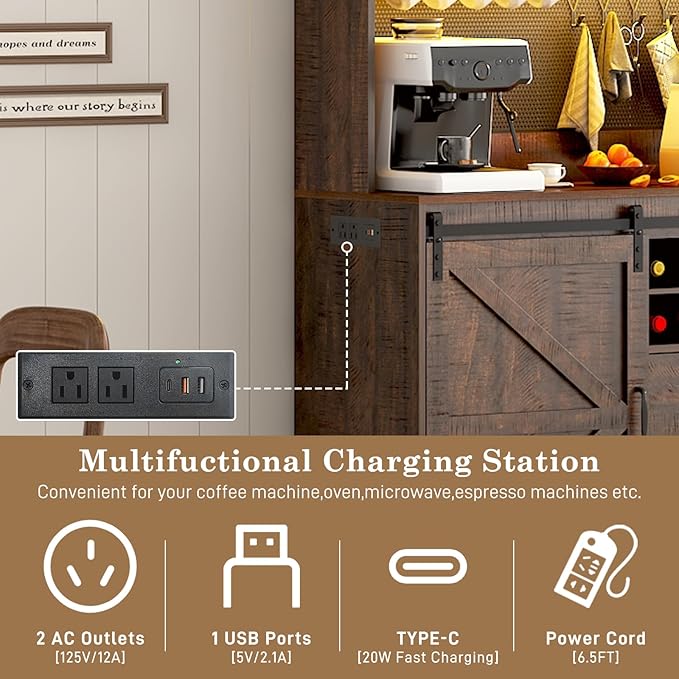74" Tall 63" Wide Large Coffee Bar Cabinet w/Outlet,6000-color LED Light,Pegboard,Farmhouse Hutch Cabinet w/Barn Door,2 Big Drawers,Adjustable Shelves,10 Wine & Glasses Rack,5 Hook for Kitchen,Brown