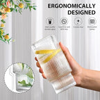 16OZ Ribbed Glass Cups with Lids and Straws,Iced Coffee Cups with Lid,Vintage Glassware for Whiskey Cocktail Beer Fruit Juice Glasses Tumbler(1Pack)