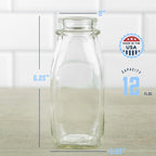 kitchentoolz 12 Oz Square Glass Milk Bottles with Lids (4 Pack) – Reusable Glass Creamer Bottles for Milk, Juice, and More – Includes Tamper-Proof Caps and One Silicone Pour Spout