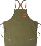 AFUN Chef Aprons for Women Men with Large Pockets, Cotton Canvas Cross Back Water Repellent Work Apron, Size M to XXL (Greygreen)