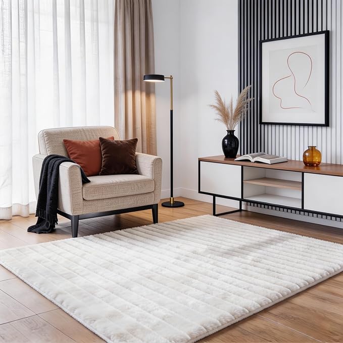 White Rabbit Striped Plush Rug 4'x6', Fluffy Faux Fur Shaggy Area Rug by CHOVY