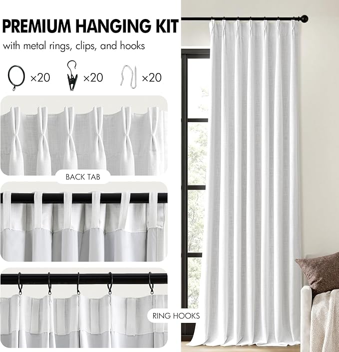 MIULEE White Pinch Pleated 100% Blackout Linen Curtains 40x108 Inches | Room - Image 8