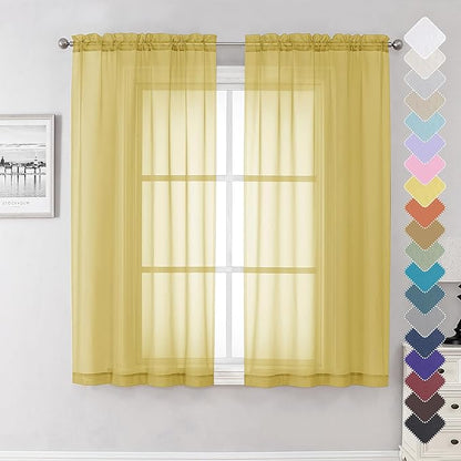 Yellow Sheer Curtains 63 Inch Length 2 Panels, Light Filtering Voile Curtain by Lecloud