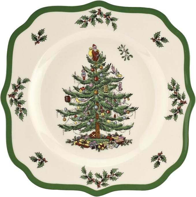 Spode Christmas Tree Scalloped Salad Plates (Set of 4) - Holiday-Themed Stoneware Appetizer Plate - 9 Inch Christmas Dinner Dish - Colorful Gifts & Mistletoe Accents - Dishwasher & Microwave Safe