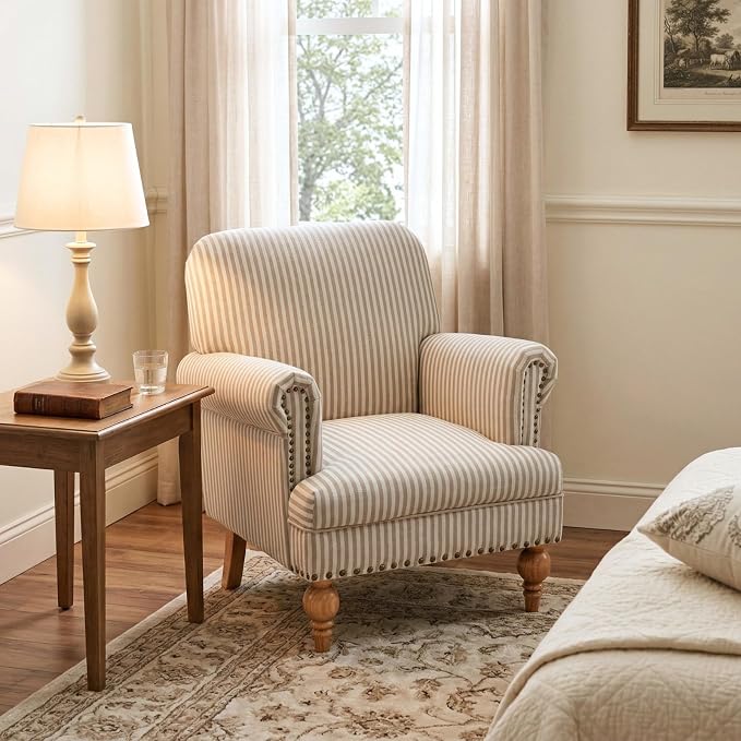 Khaki Striped Linen Fabric Accent Chairs Set of 2, Modern Farmhouse Upholstered - Image 8