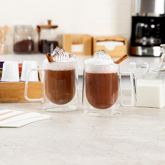 Restaurantware-Forma Professional 10.2 Ounce Double Wall Coffee Mugs, 2 Insulated Coffee Mugs With Handle - Dishwashable, Reusable, Clear Glass Beverage Cups, Freezable, For Hot Or Cold Beverages