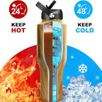 HYDROWION 40 oz Insulated Water Bottle with Straw fit in Car Cup Holder(Cold 48 hrs, Hot 24 hrs) Drinking Bottle with Straw Lid, Spout Lid and Flex Cap Leakproof Travel Thermo Mug，Wood