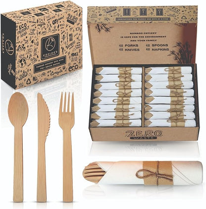 KOELHO'S Pre-Rolled Bamboo Cutlery Set 48-Pack 192 PCS | Bamboo Disposable Utensils 100% Biodegradable and Eco-Friendly | Wood Cutlery Set for Parties, Weddings, and Events