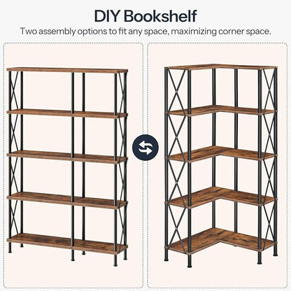 HOOBRO Corner Bookshelf, 5-Tier L-Shaped Bookcase, Industrial Open Display - Image 5