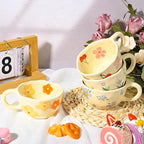 Ceramic Coffee Mug Vintage Flower Mugs 8 oz Cute Floral Coffee Mugs Irregular Latte Art Cup Lead-free Porcelain Cups for Cappuccino, Cocoa (4 Pack)