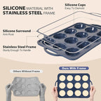 2 pack Silicone Muffin Pan with Metal Frame, Non Stick Silicone Cupcake Pan with Handles Regular 12 Cup, BPA Free Silicon Muffin Tin Tray for baking, egg bites, Cupcake Mold Grey