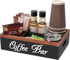 Wooden Coffee Organizer Holder with Divided Sections & Cutout Handle, Farmhouse Coffee Bar Organizer for Pods, Cups, Lids, Syrups, Stirrers & Accessories – Ideal Gift for Home or Office