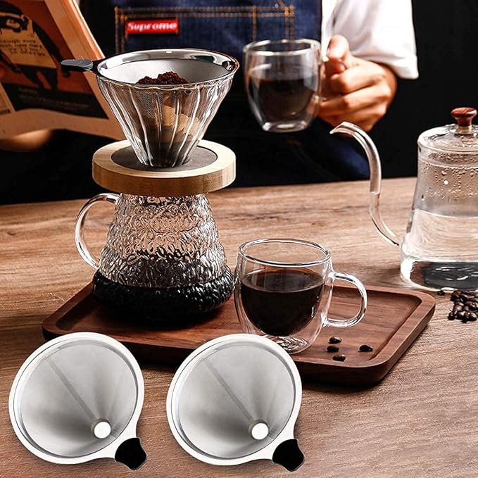 Pour Over Coffee Filter 2PCS, Stainless Steel Coffee Filter, Paperless Reusable Cone Coffee Dripper