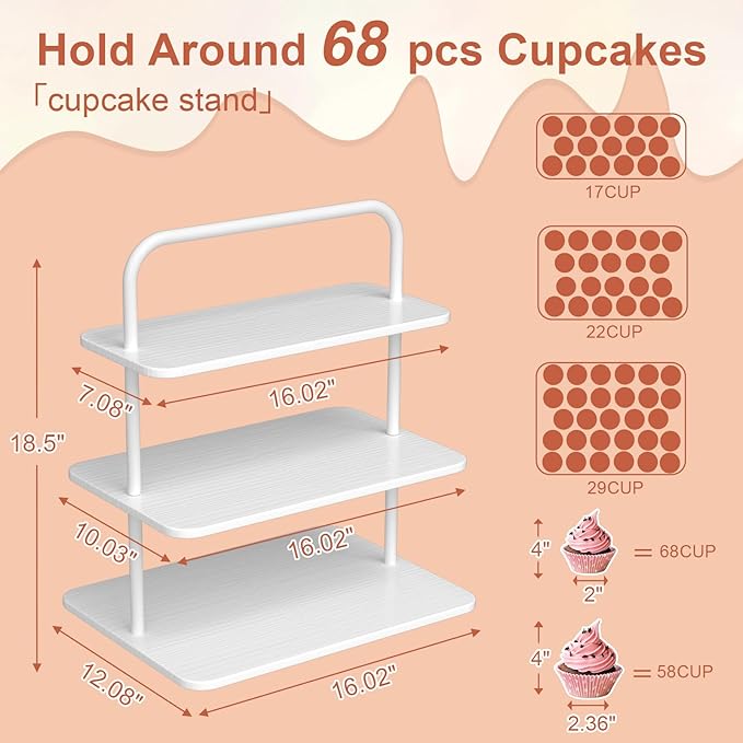 Cupcake Stand, 3-Tier Dessert Stand for 68 Cupcakes, Wood & Metal Tower Display Premium Holder Dessert Tree Tower for Wedding Graduation Birthday Christmas Party, Serving Tray, White