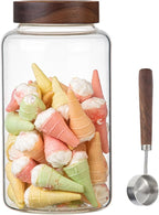 Large Glass Coffee Jars with Spoon,Round Storage Canister with Wooden Lid Clear Glass Food Jar for Pantry Sugar Tea Coffee Bean Spice Nuts Cookies Bath Salts (2300ml/77oz)