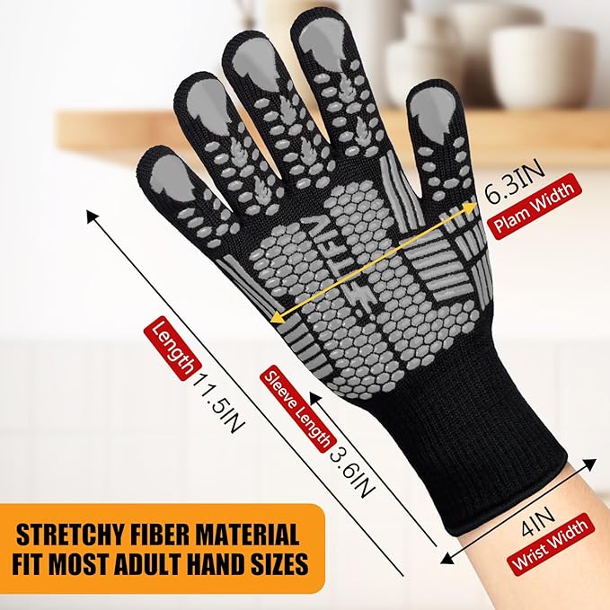 BBQ Gloves, Oven Gloves, Extreme Heat Resistant Barbecue Gloves, Silicone Non-Slip Oven Mitts, Kitchen Gloves for Cooking, Grilling, and Baking (Gray)