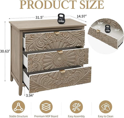 Carved 3 Drawer Cabinet with Floral Pattern & Gold Handles, 31.5" W Distressed - Image 2