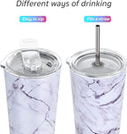 THILY Stainless Steel Vacuum Insulated Tumbler Travel Mug 26 oz Coffee Cup with 2 Lids and Straws, Splash Proof, Keep Ice Drinks Cold, White Marble
