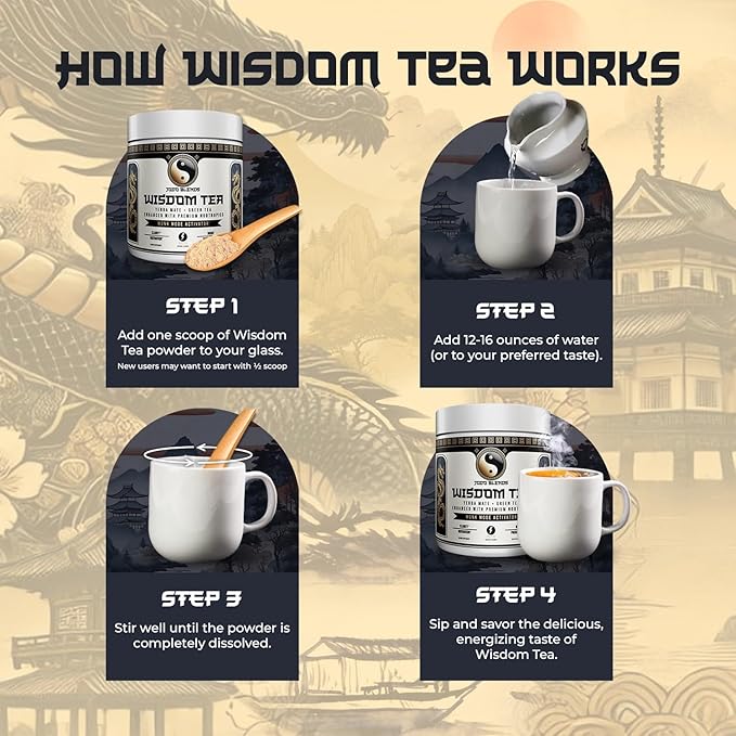 Yerba Mate Brain Tea Powder for Men - Daily Nootropic Drink for Clean Energy, Focus & Mood Support | Powered by Citicoline, L-Theanine, L-Tyrosine & Lion’s Mane | Wisdom Tea - Sweet Tea - 30 Servings