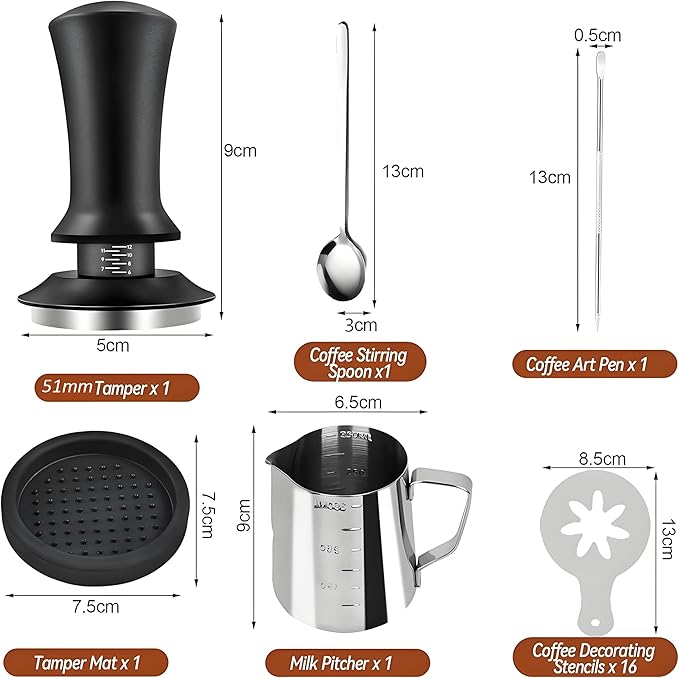 Coffee Tamper, 22 PCS Espresso Accessories Kit Including 51mm Coffee Tamper WDT Tool Tamper Mat Coffee Stirrer Latte Art Pen Milk Frothing Pitcher Coffee Stencils