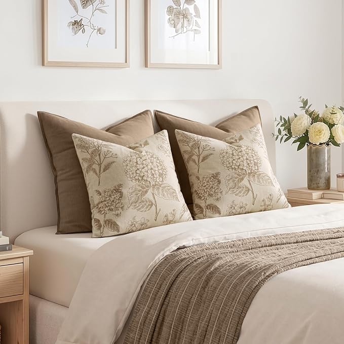 Set of 2 Decorative Floral Pillow Covers 18x18 Inch Tan Beige | Neutral - Image 6